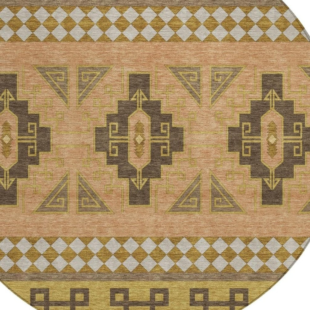 8' Chocolate And Olive Green Round Tribal Washable Indoor Outdoor Area Rug — view 4