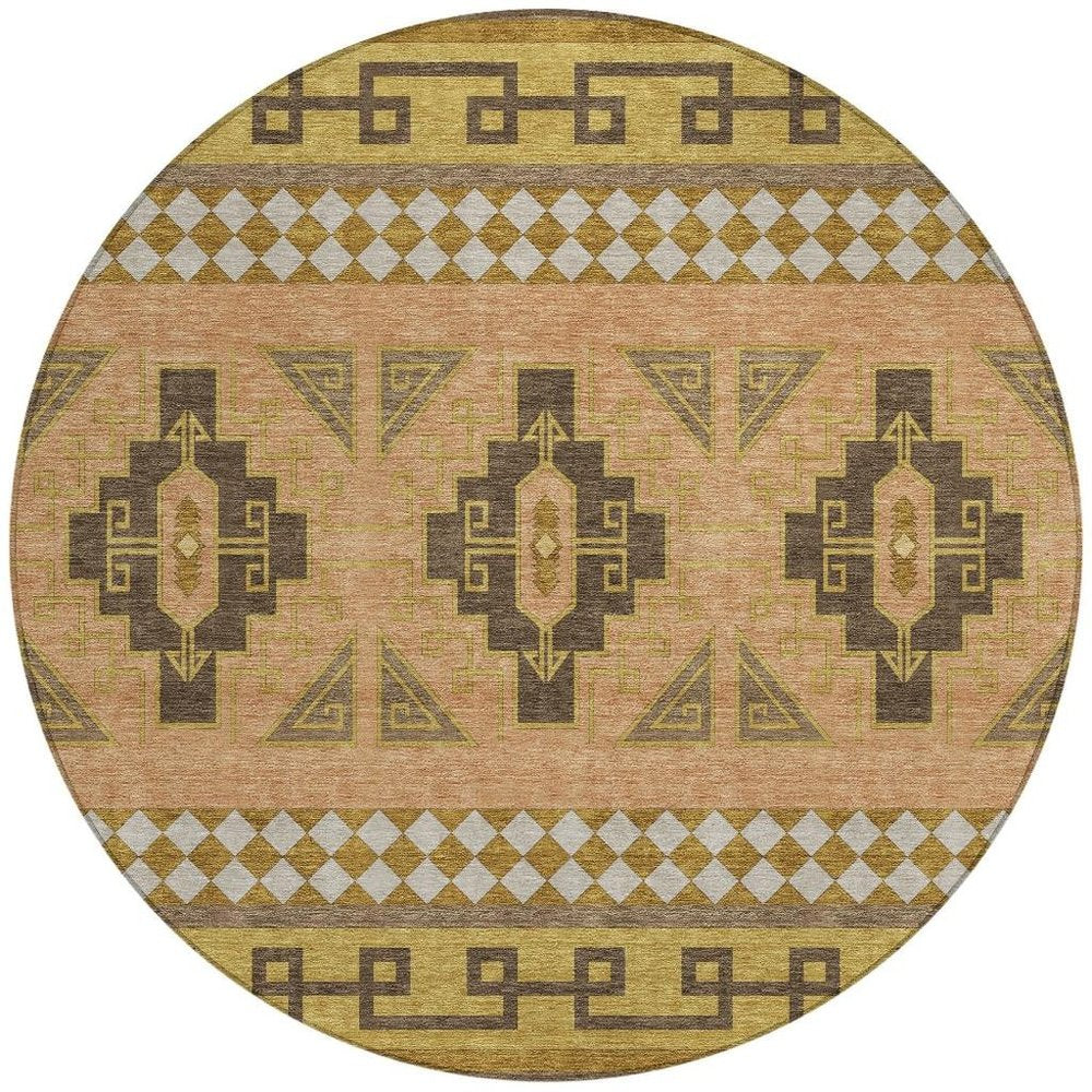 8' Chocolate And Olive Green Round Tribal Washable Indoor Outdoor Area Rug HomeRoots