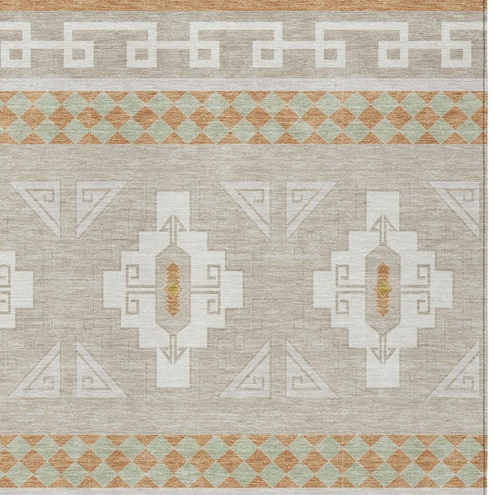3' X 5' Ivory And Green Tribal Washable Indoor Outdoor Area Rug HomeRoots