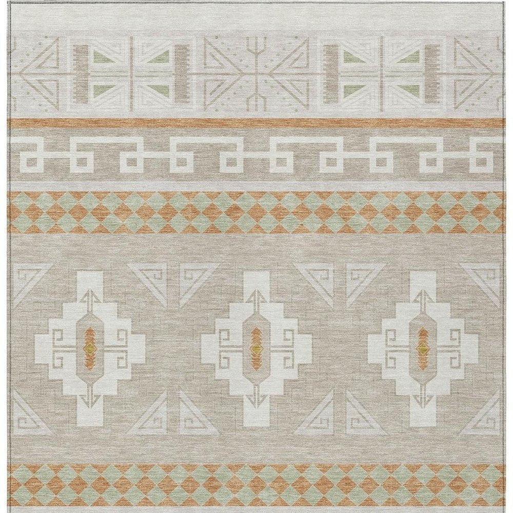 3' X 5' Ivory And Green Tribal Washable Indoor Outdoor Area Rug — view 5