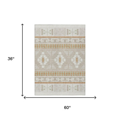 3' X 5' Ivory And Green Tribal Washable Indoor Outdoor Area Rug HomeRoots