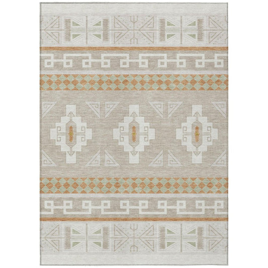 3' X 5' Ivory And Green Tribal Washable Indoor Outdoor Area Rug