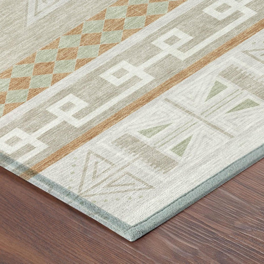 3' X 5' Ivory And Green Tribal Washable Indoor Outdoor Area Rug