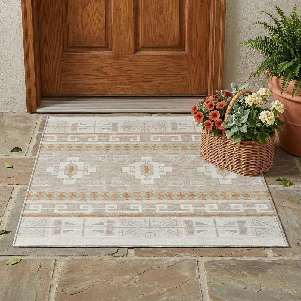 3' X 5' Ivory And Green Tribal Washable Indoor Outdoor Area Rug HomeRoots
