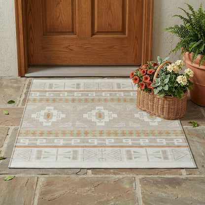 3' X 5' Ivory And Green Tribal Washable Indoor Outdoor Area Rug HomeRoots