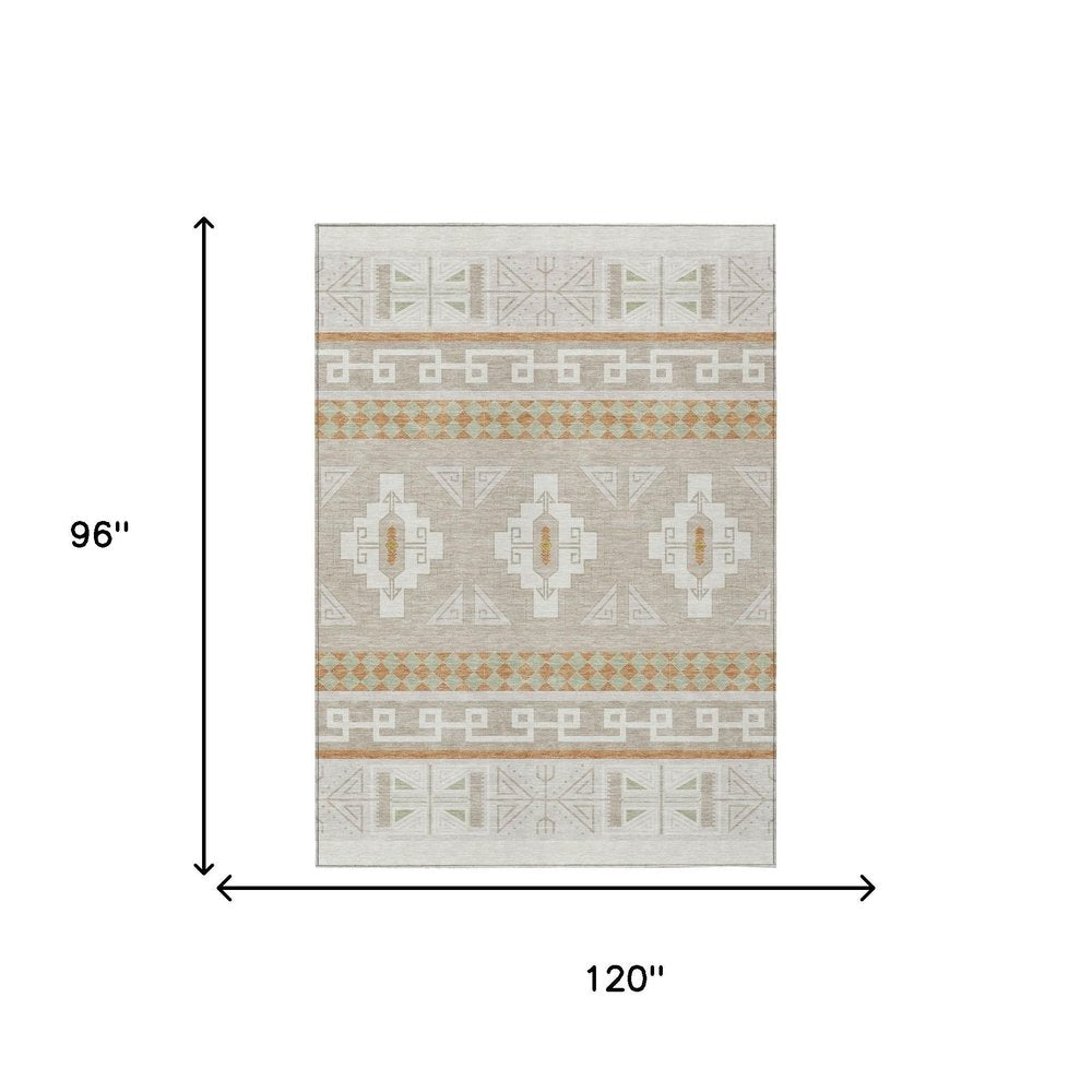 8' X 10' Ivory And Green Tribal Washable Indoor Outdoor Area Rug HomeRoots