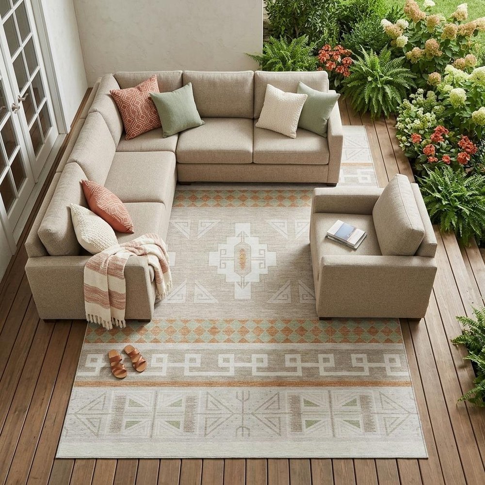 8' X 10' Ivory And Green Tribal Washable Indoor Outdoor Area Rug — view 7