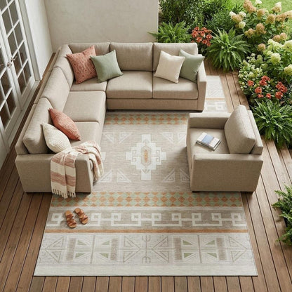 8' X 10' Ivory And Green Tribal Washable Indoor Outdoor Area Rug HomeRoots
