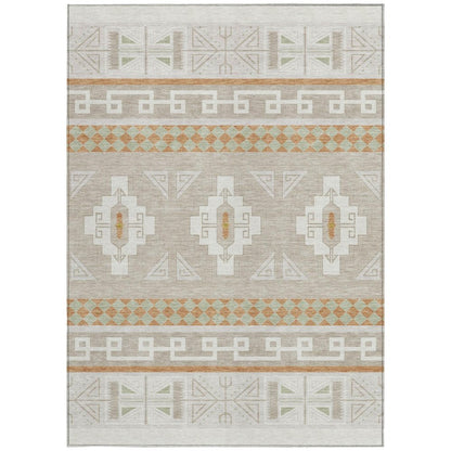 10' X 14' Ivory And Green Tribal Washable Indoor Outdoor Area Rug