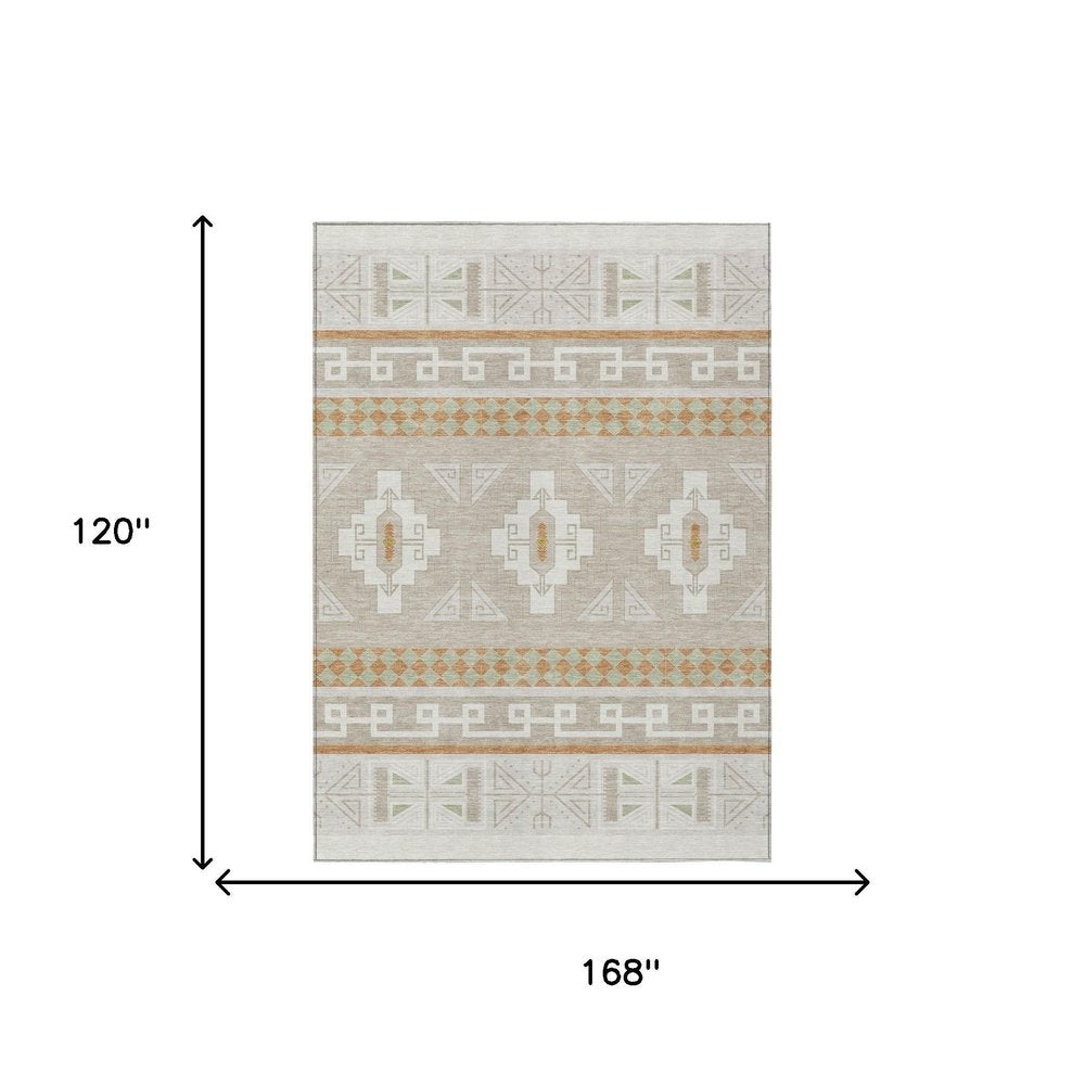 10' X 14' Ivory And Green Tribal Washable Indoor Outdoor Area Rug — view 6
