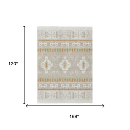 10' X 14' Ivory And Green Tribal Washable Indoor Outdoor Area Rug HomeRoots