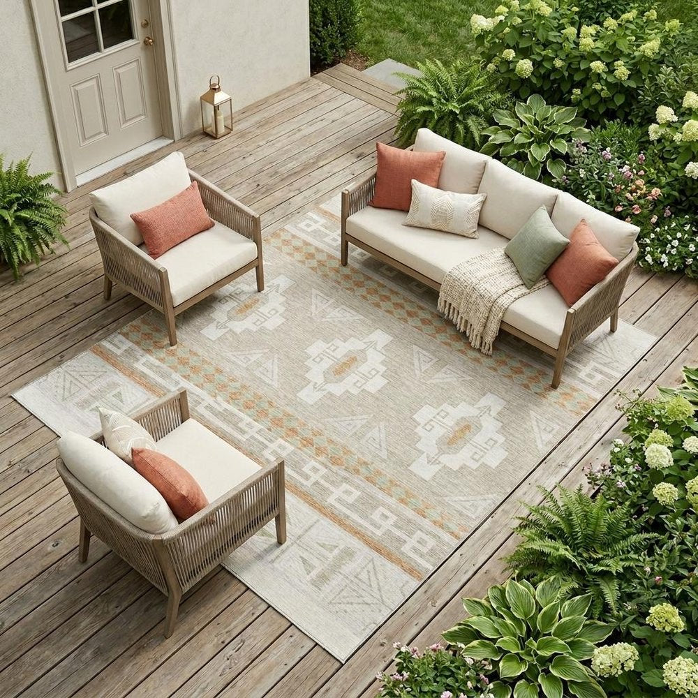 10' X 14' Ivory And Green Tribal Washable Indoor Outdoor Area Rug — view 7