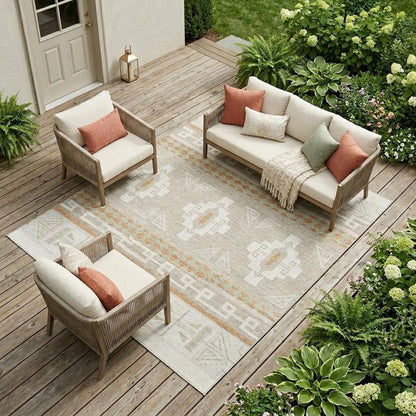 10' X 14' Ivory And Green Tribal Washable Indoor Outdoor Area Rug HomeRoots