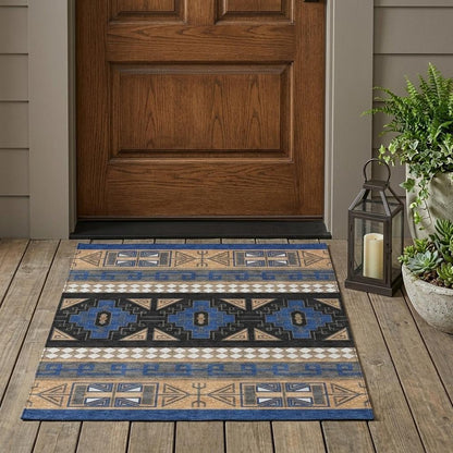 3' X 5' Navy Blue And Salmon Tribal Washable Indoor Outdoor Area Rug