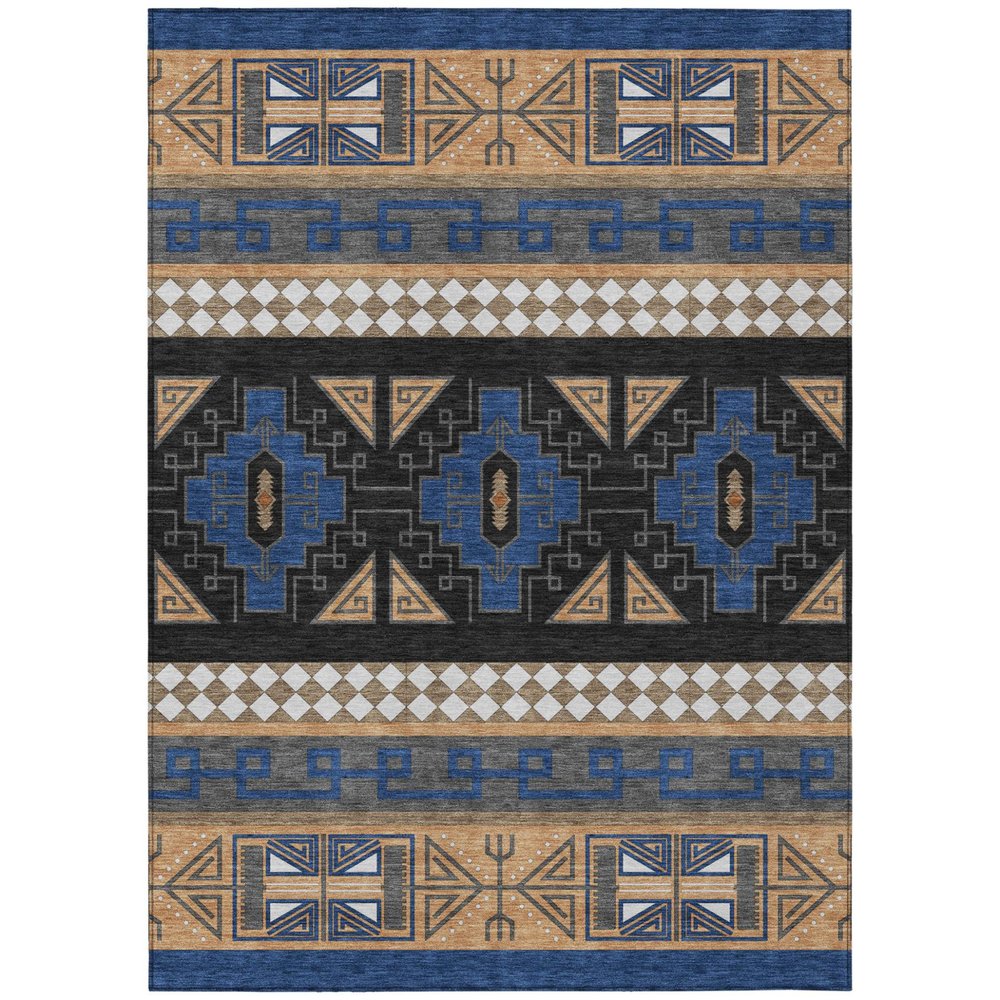 5' X 8' Navy Blue And Salmon Tribal Washable Indoor Outdoor Area Rug — view 1