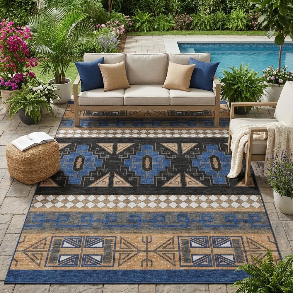 5' X 8' Navy Blue And Salmon Tribal Washable Indoor Outdoor Area Rug HomeRoots