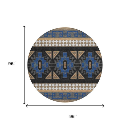 8' Navy Blue And Salmon Round Tribal Washable Indoor Outdoor Area Rug HomeRoots