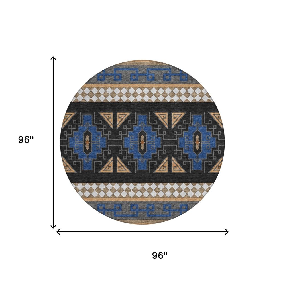8' Navy Blue And Salmon Round Tribal Washable Indoor Outdoor Area Rug — view 5