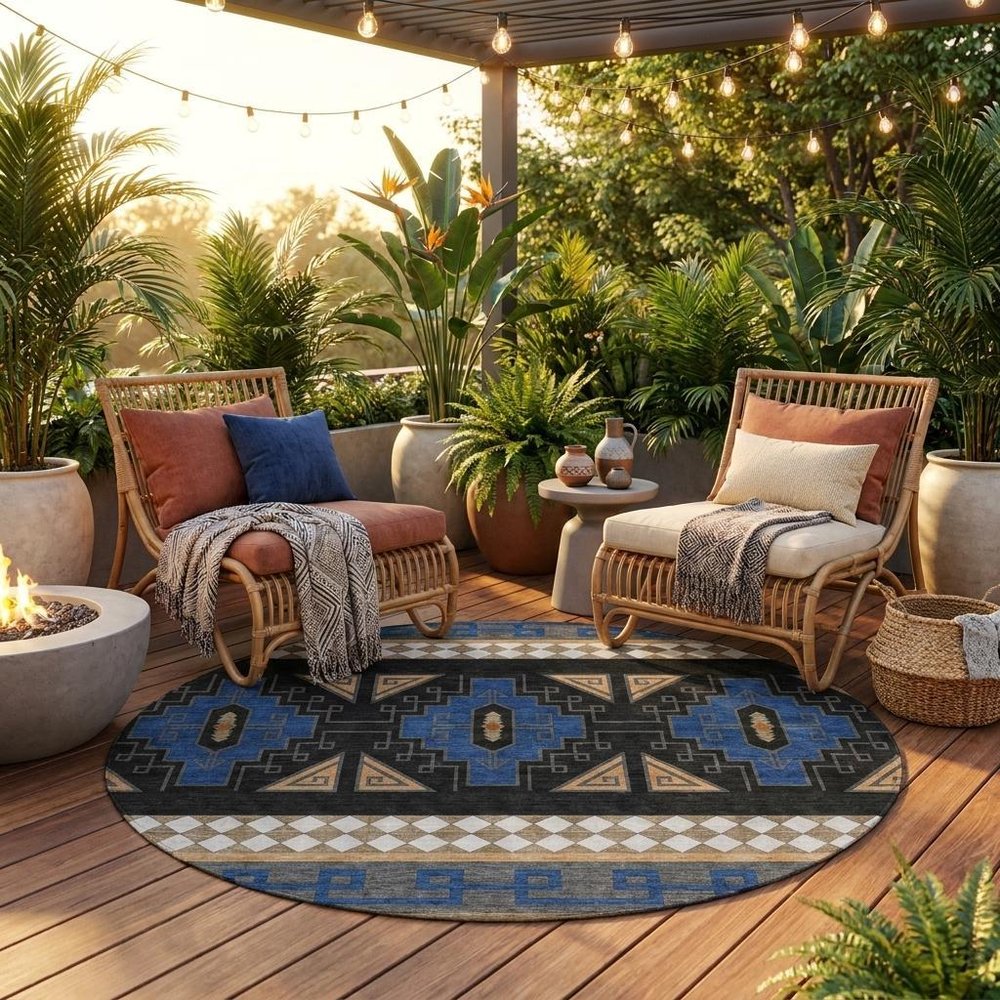 8' Navy Blue And Salmon Round Tribal Washable Indoor Outdoor Area Rug — view 6
