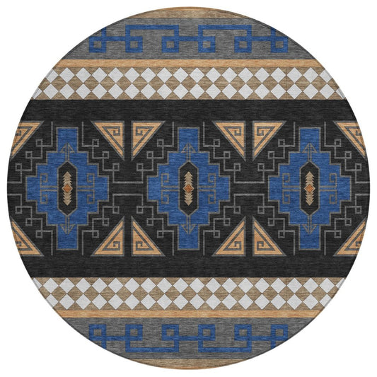 8' Navy Blue And Salmon Round Tribal Washable Indoor Outdoor Area Rug