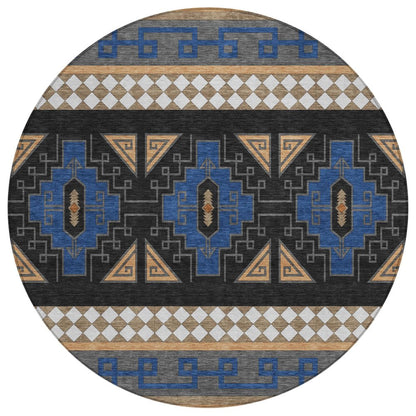 8' Navy Blue And Salmon Round Tribal Washable Indoor Outdoor Area Rug HomeRoots