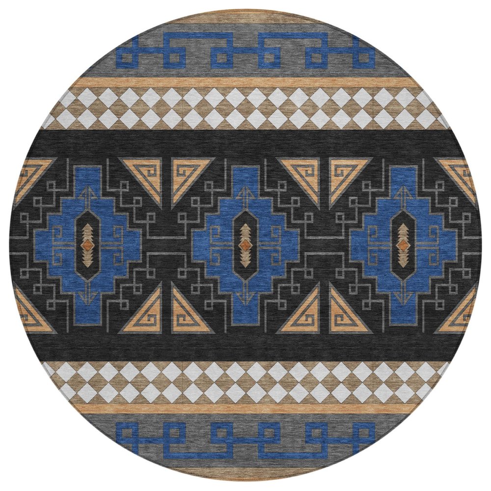 8' Navy Blue And Salmon Round Tribal Washable Indoor Outdoor Area Rug — view 1