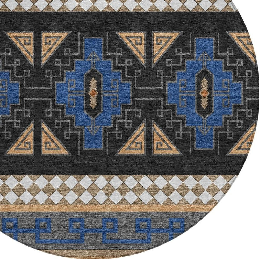8' Navy Blue And Salmon Round Tribal Washable Indoor Outdoor Area Rug — view 3