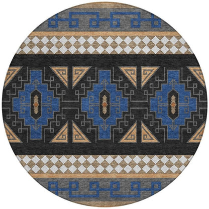 8' Navy Blue And Salmon Round Tribal Washable Indoor Outdoor Area Rug HomeRoots