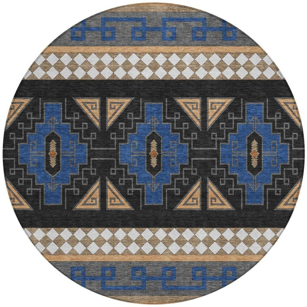 8' Navy Blue And Salmon Round Tribal Washable Indoor Outdoor Area Rug