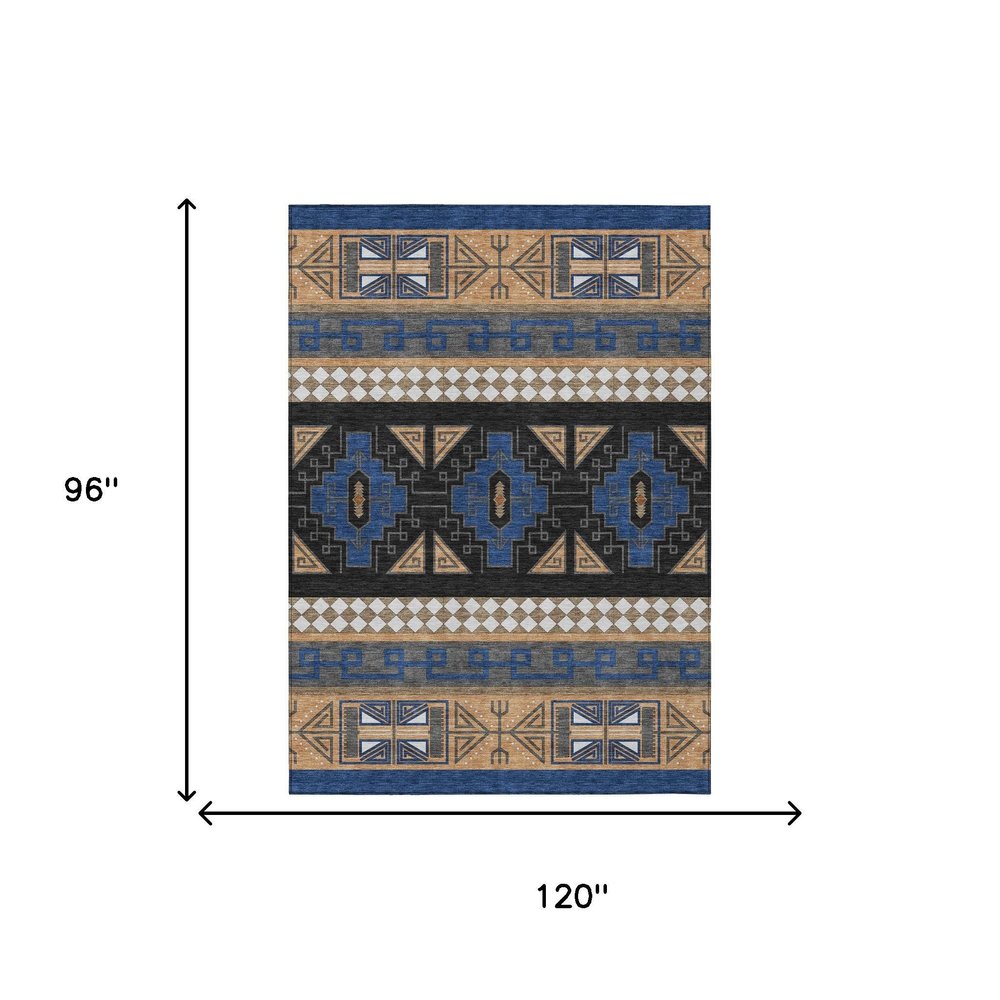 8' X 10' Navy Blue And Salmon Tribal Washable Indoor Outdoor Area Rug HomeRoots