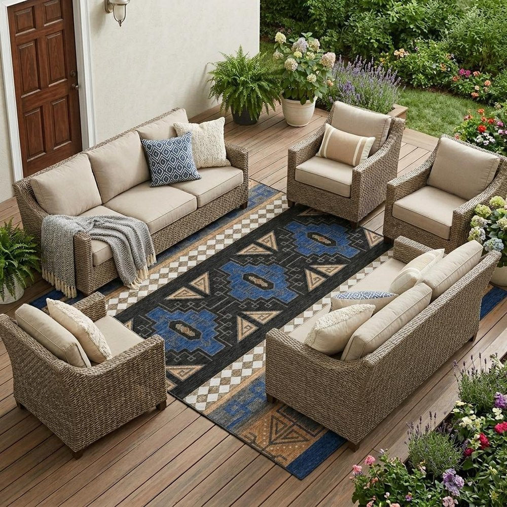 8' X 10' Navy Blue And Salmon Tribal Washable Indoor Outdoor Area Rug — view 6