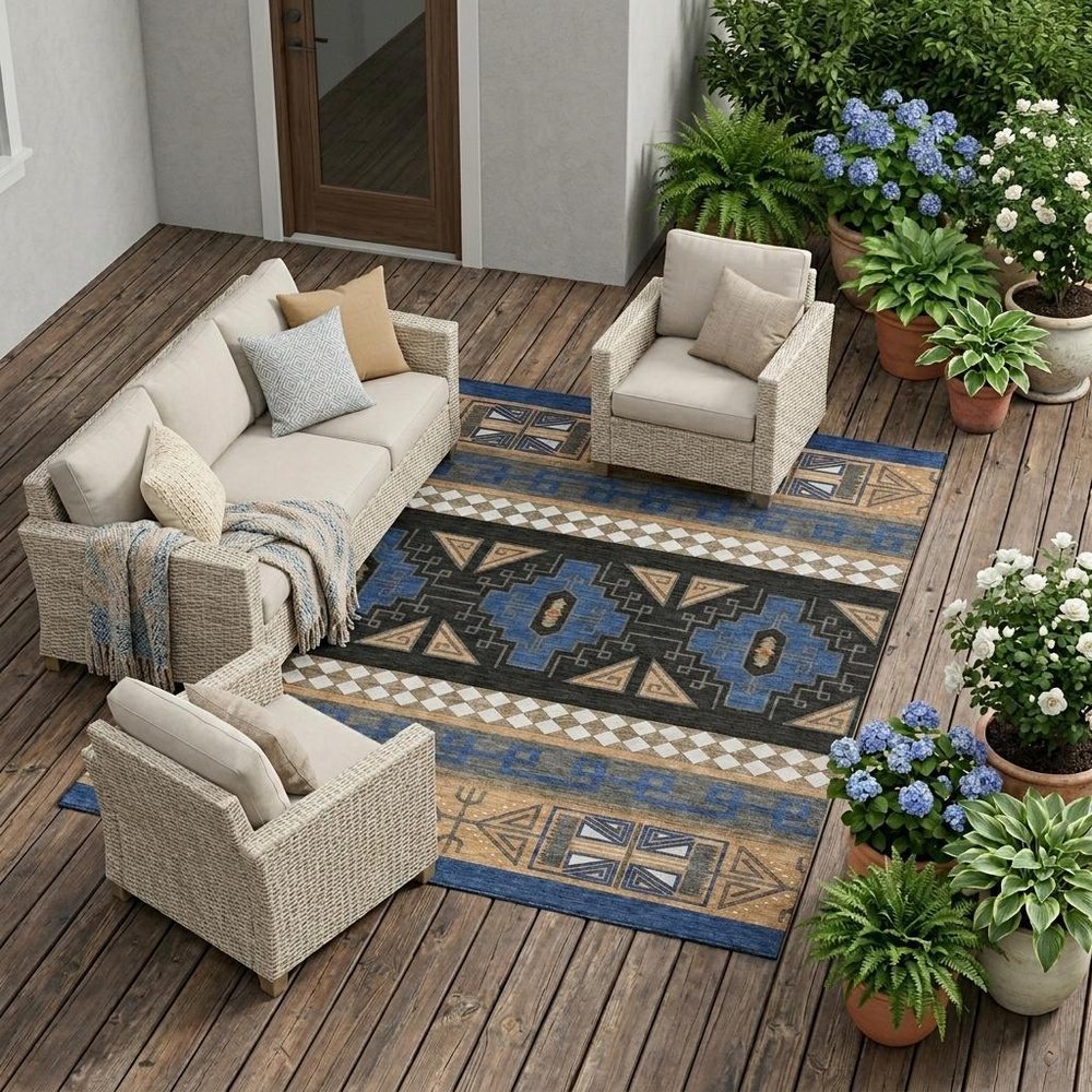 9' X 12' Navy Blue And Salmon Tribal Washable Indoor Outdoor Area Rug — view 6