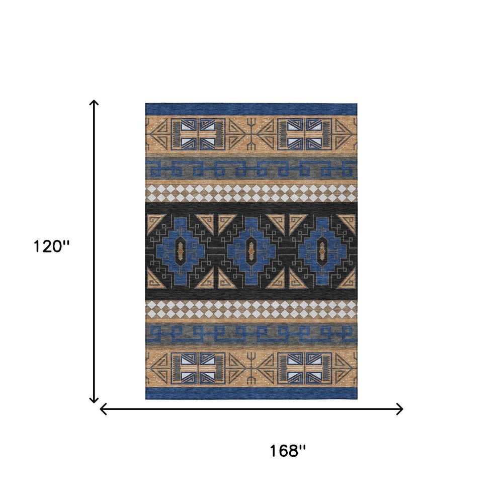 10' X 14' Navy Blue And Salmon Tribal Washable Indoor Outdoor Area Rug HomeRoots