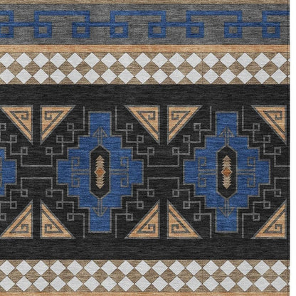 10' X 14' Navy Blue And Salmon Tribal Washable Indoor Outdoor Area Rug
