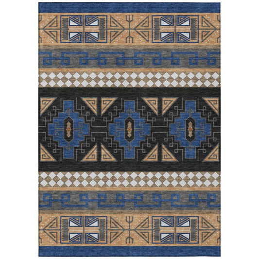 10' X 14' Navy Blue And Salmon Tribal Washable Indoor Outdoor Area Rug