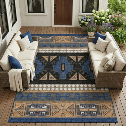 10' X 14' Navy Blue And Salmon Tribal Washable Indoor Outdoor Area Rug