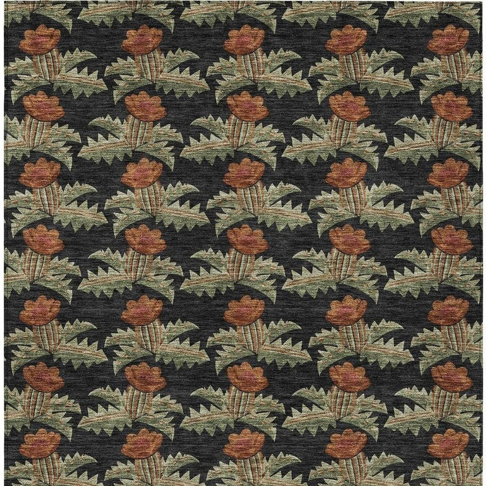 10' X 14' Black And Green Floral Washable Indoor Outdoor Area Rug — view 5
