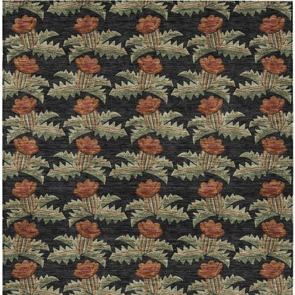 10' X 14' Black And Green Floral Washable Indoor Outdoor Area Rug