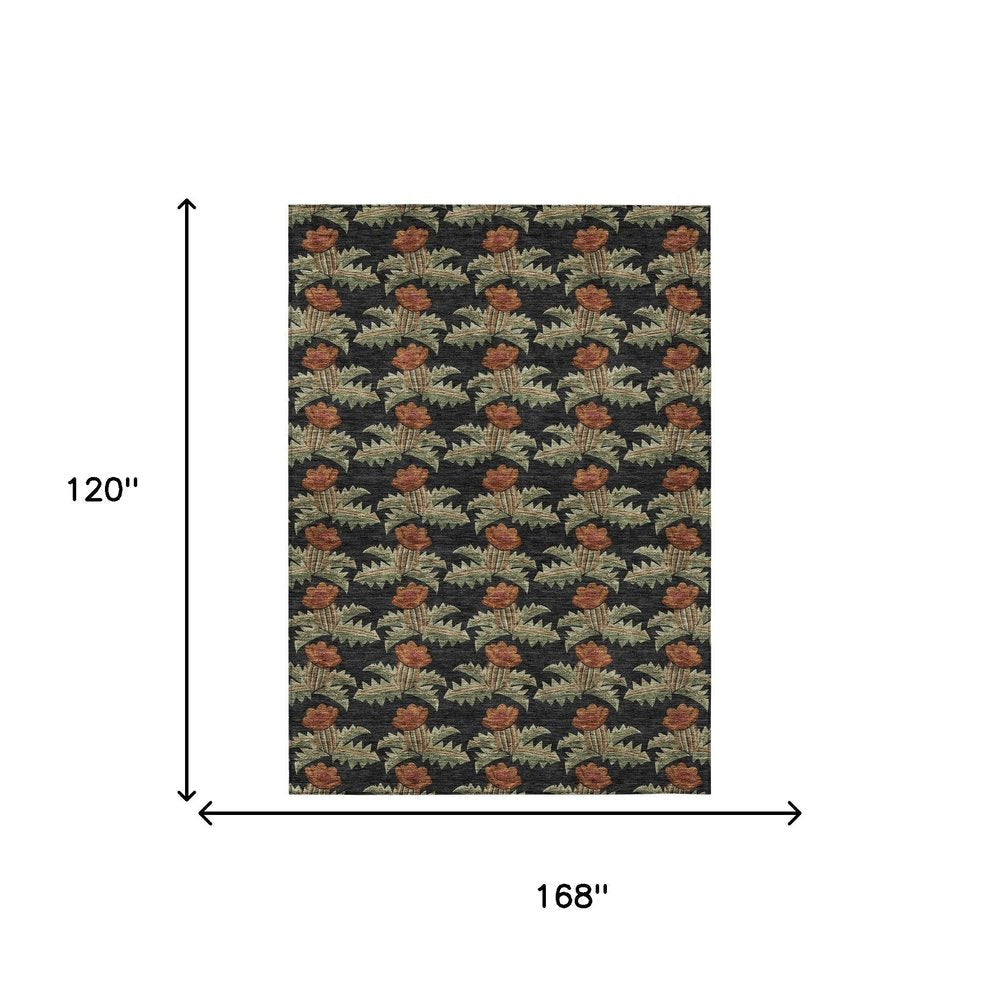 10' X 14' Black And Green Floral Washable Indoor Outdoor Area Rug — view 6