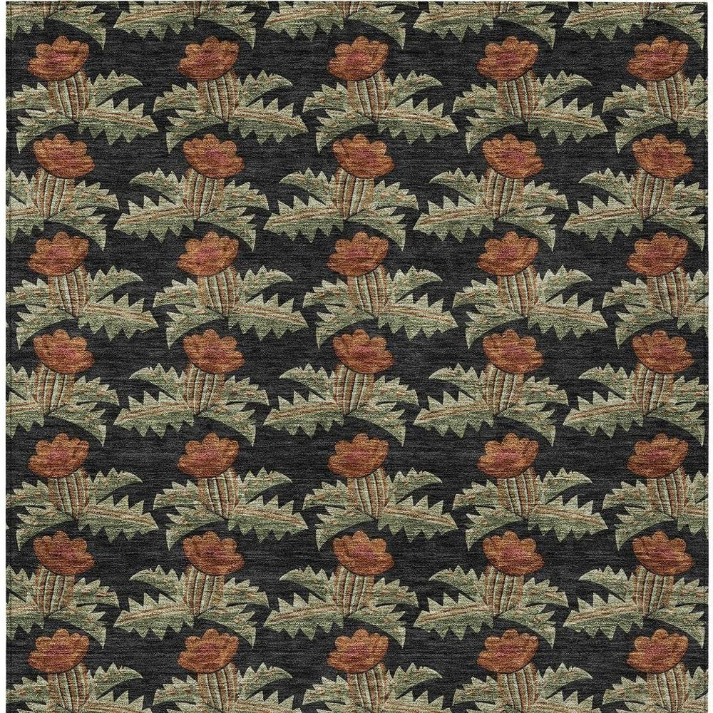 10' X 14' Black And Green Floral Washable Indoor Outdoor Area Rug