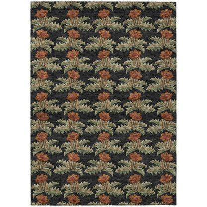 10' X 14' Black And Green Floral Washable Indoor Outdoor Area Rug