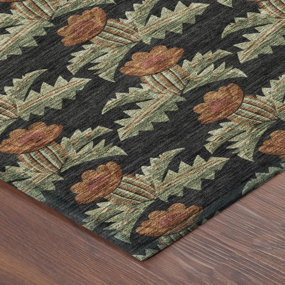 10' X 14' Black And Green Floral Washable Indoor Outdoor Area Rug — view 2