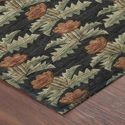 10' X 14' Black And Green Floral Washable Indoor Outdoor Area Rug HomeRoots