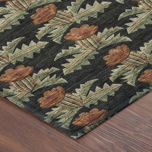10' X 14' Black And Green Floral Washable Indoor Outdoor Area Rug