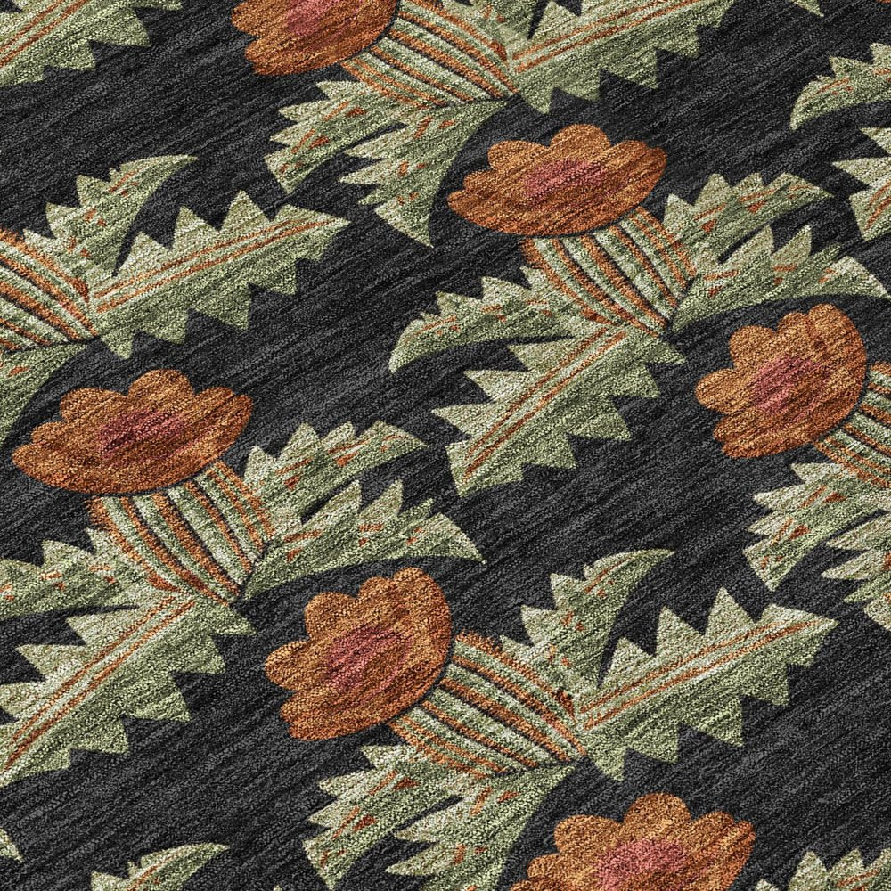 10' X 14' Black And Green Floral Washable Indoor Outdoor Area Rug — view 3