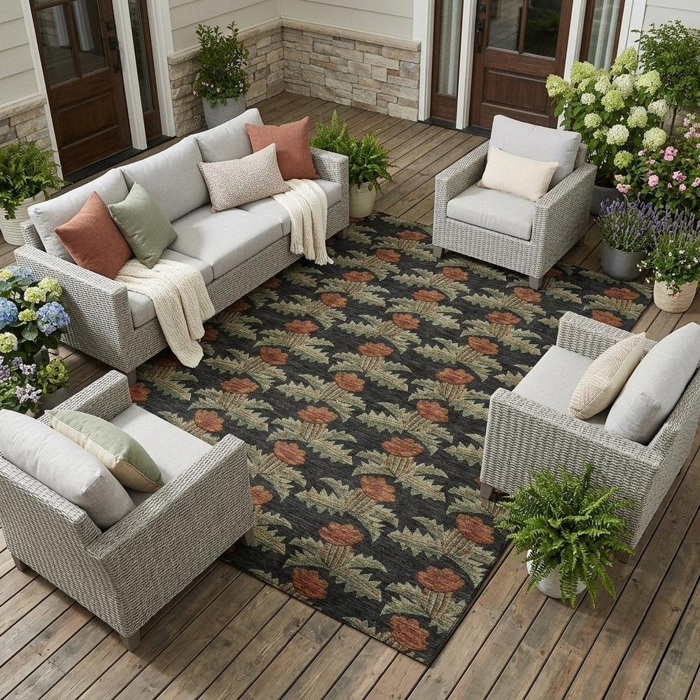 10' X 14' Black And Green Floral Washable Indoor Outdoor Area Rug — view 7