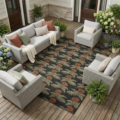 10' X 14' Black And Green Floral Washable Indoor Outdoor Area Rug