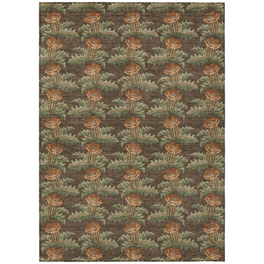 3' X 5' Chocolate And Graphite Floral Washable Indoor Outdoor Area Rug — view 1
