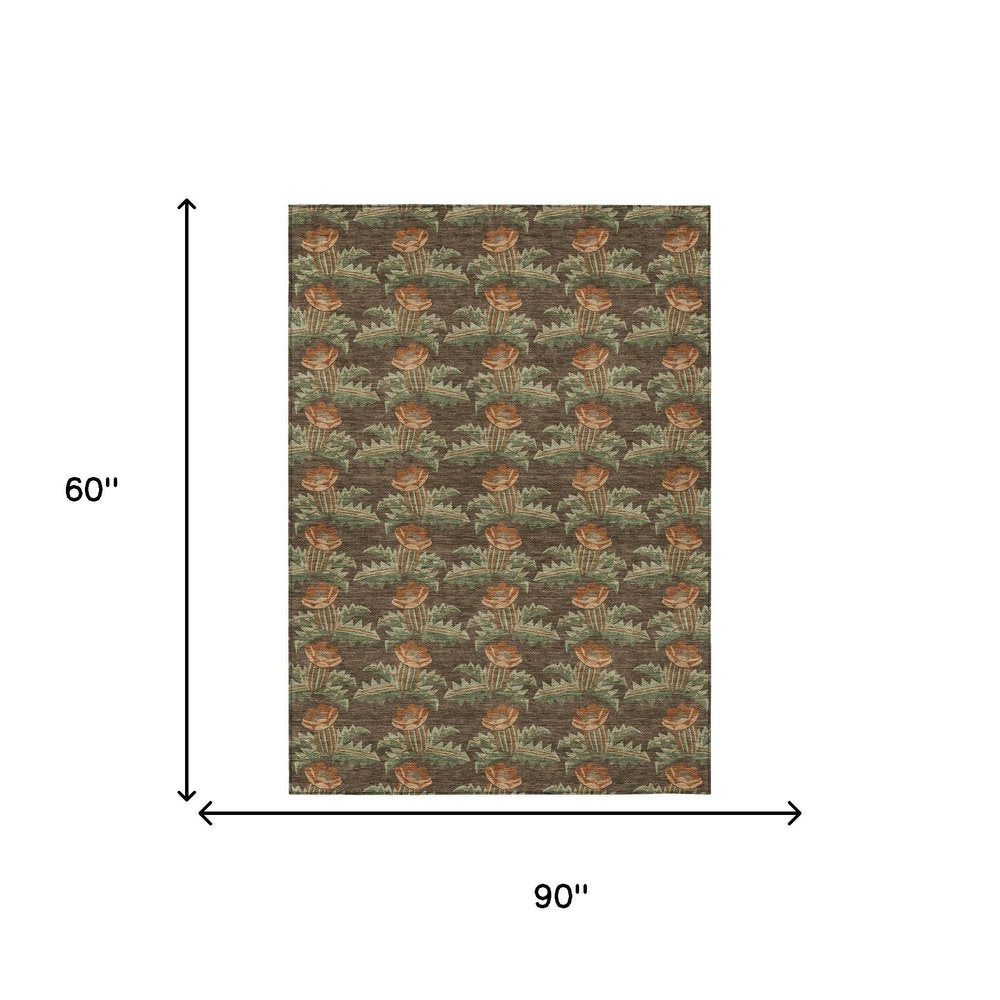 5' X 8' Chocolate And Graphite Floral Washable Indoor Outdoor Area Rug — view 6