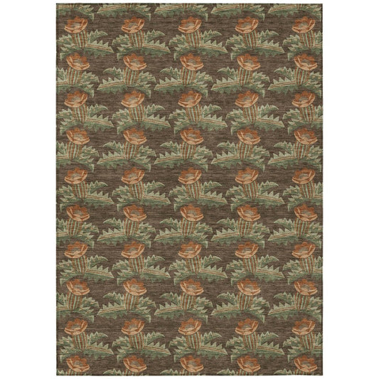 5' X 8' Chocolate And Graphite Floral Washable Indoor Outdoor Area Rug